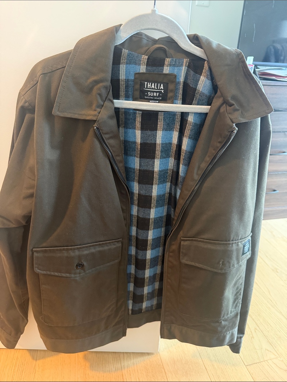 Men's Olive Green Lightweight Jacket with Blue Plaid Lining